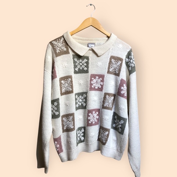Vintage 90s Jantzen Classics Embroidered Snowflake Checkered Collared Sweater - Picture 3 of 11